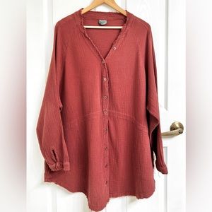 Altr’d State/Arula distressed long button down oversized shirt dress jacket